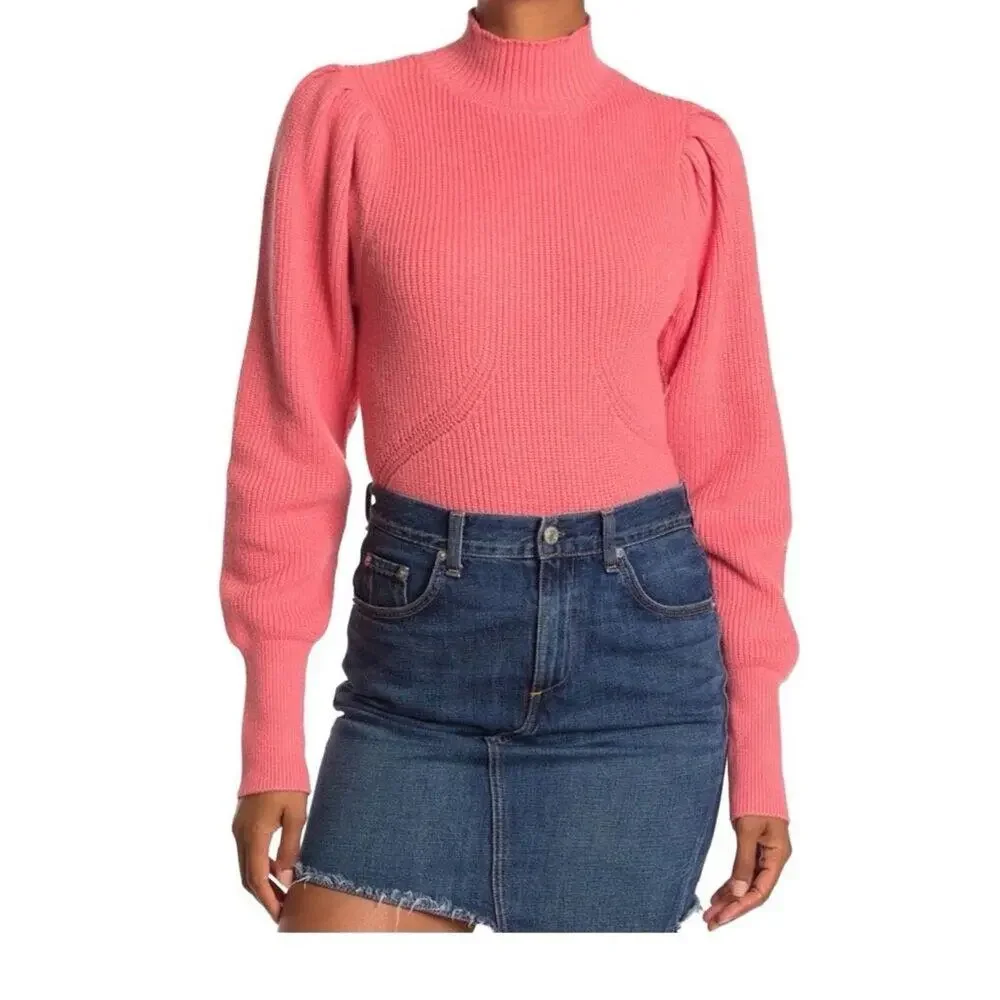 ASTR The Label Women's Mock Neck Puffed Sleeves Knit Pullover Sweater Size Large